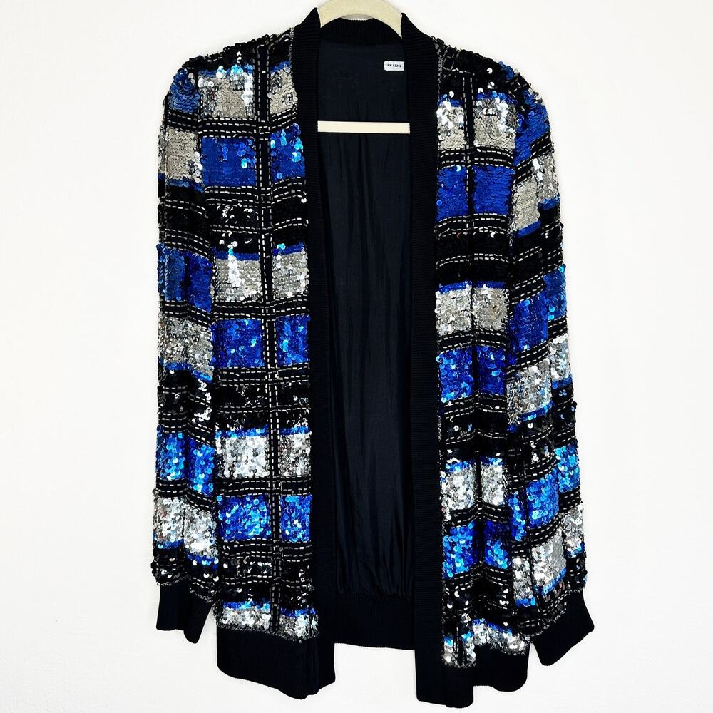 Vintage Oleg Cassini Sequin Beaded Silk Open Front Sweater Jacket Blazer Medium